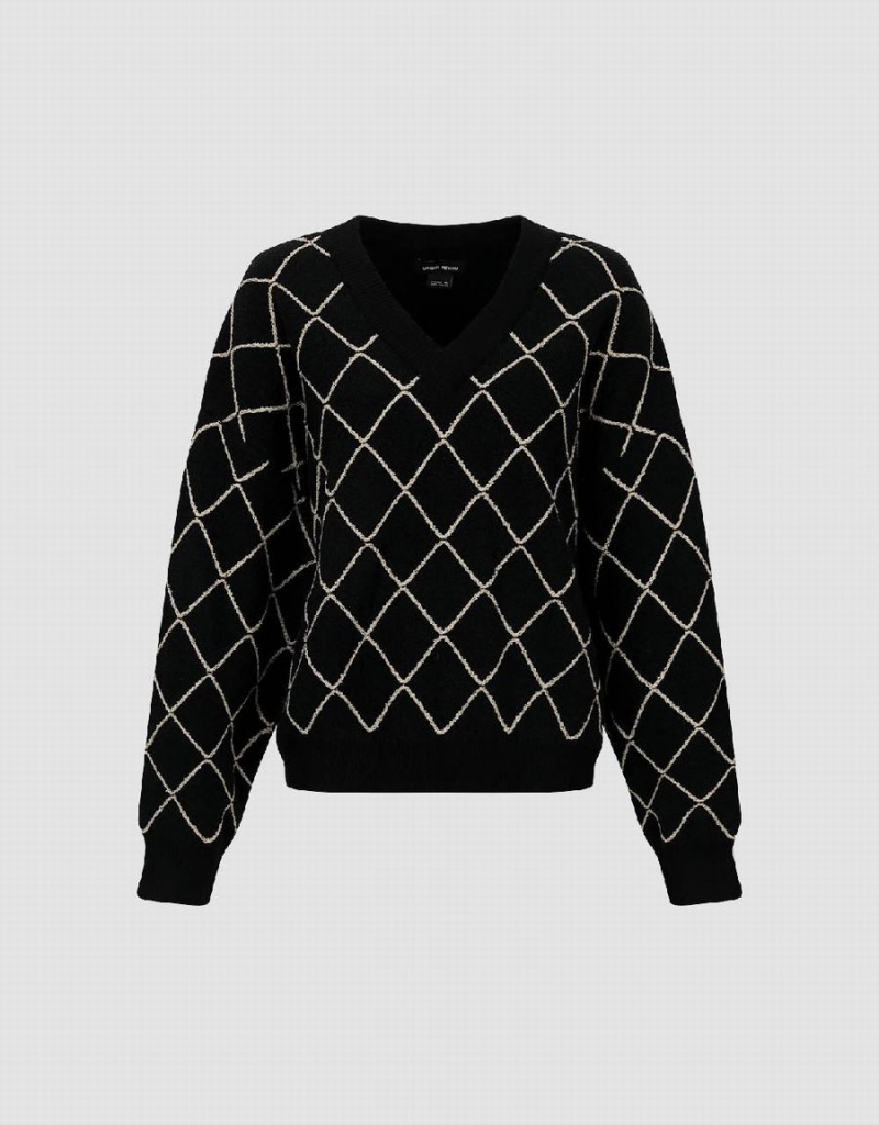 Cárdigan Urban Revivo Argyle Printed V-Neck De Punto Mujer Negros | YXE6444GE