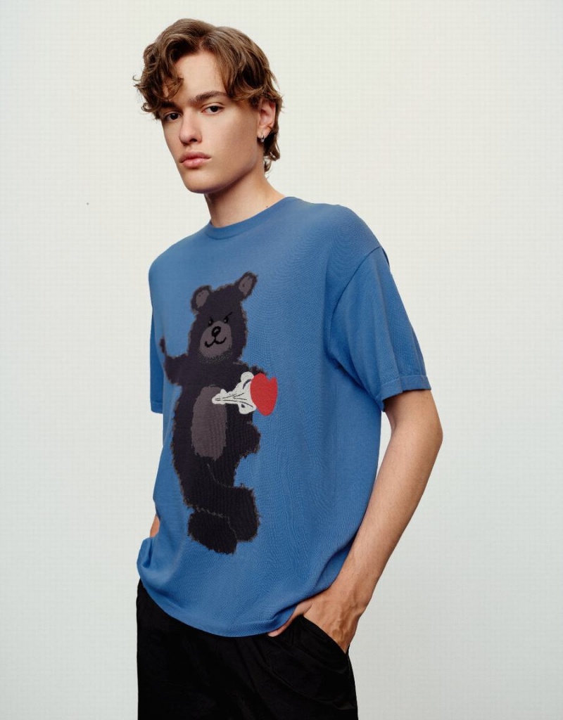 Cárdigan Urban Revivo Bear Printed De Punto Hombre Azules | QSC664BT