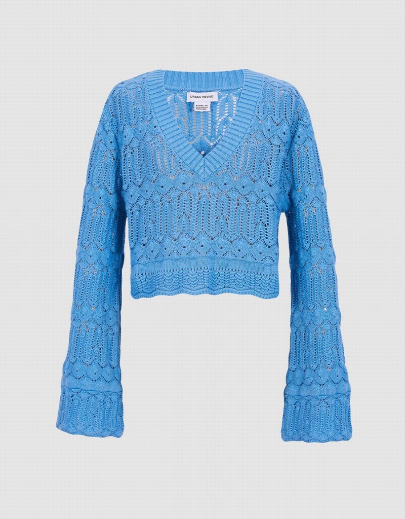 Cárdigan Urban Revivo Bell Sleeve Pointelle Knit Top Mujer Azules | DKE7674EK