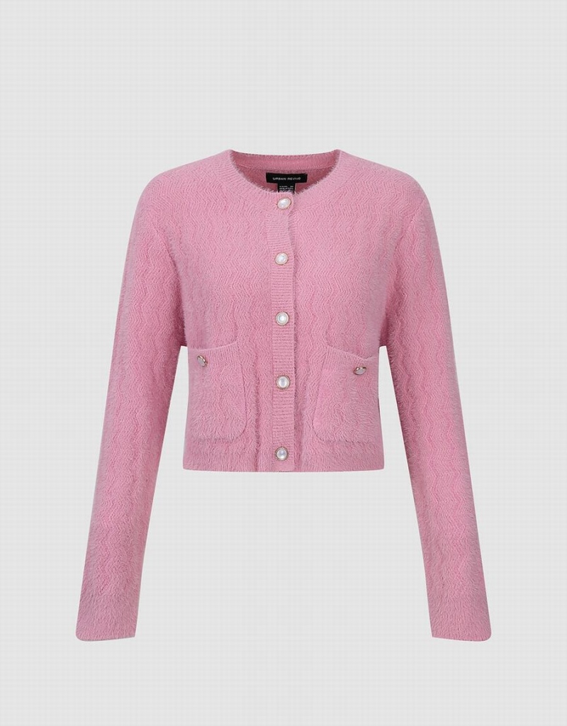 Cárdigan Urban Revivo Button Up Crew Neck De Punto Mujer Rosas | SXR3787FK