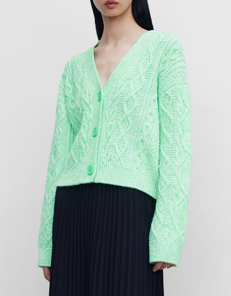 Cárdigan Urban Revivo Cable Knit V Neck Button Up Mujer Verdes | WZL4840MF