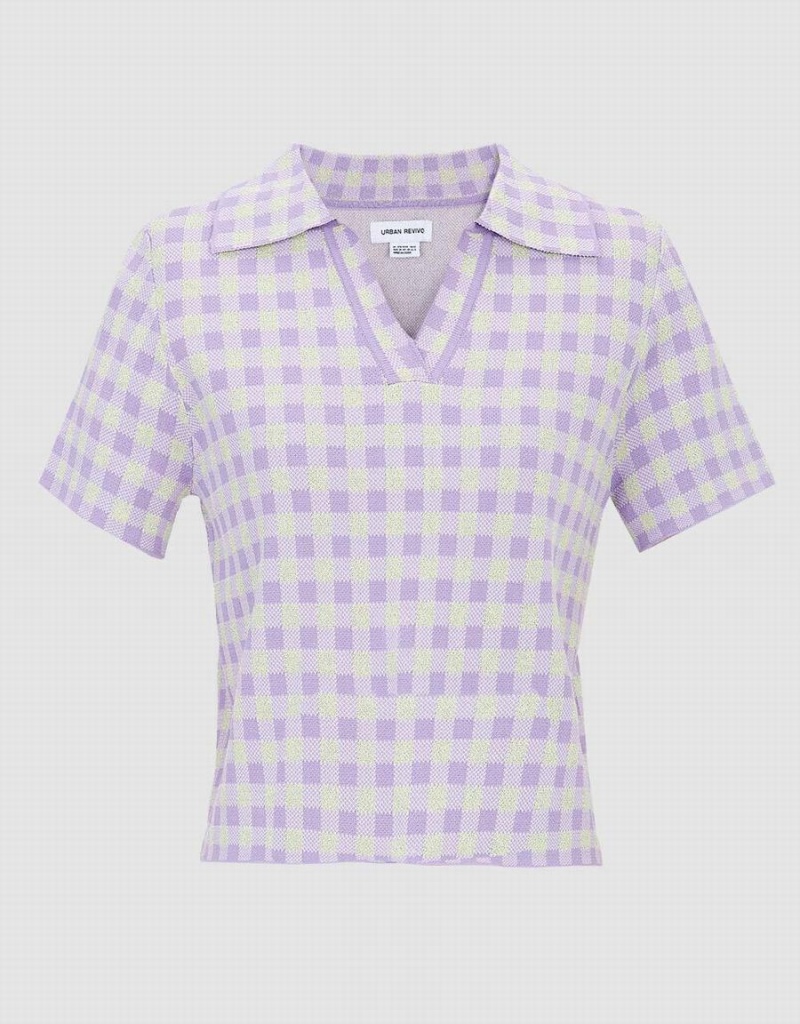 Cárdigan Urban Revivo Checkered Corta Sleeve De Punto Top Mujer Morados | FNV2786QK