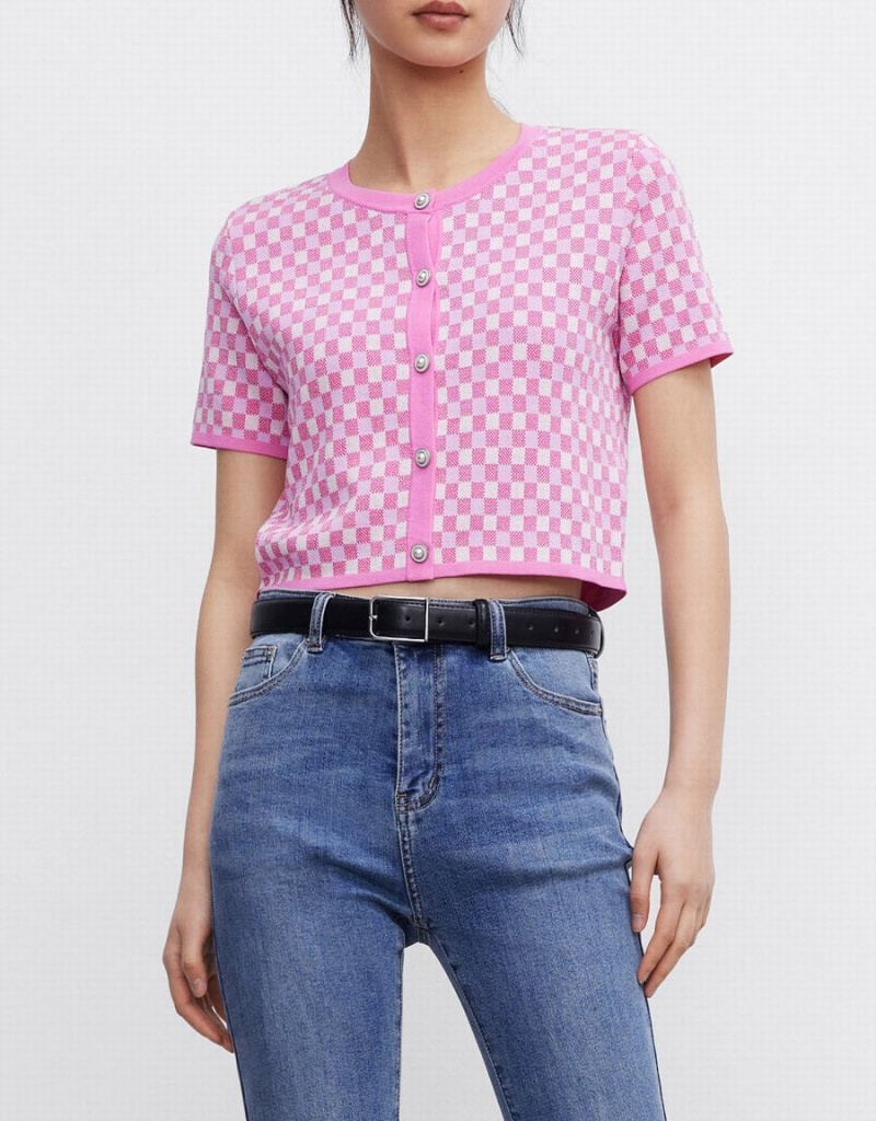 Cárdigan Urban Revivo Checkered Faux Pearl Button De Punto Top Mujer Rojos | SIA2233IC