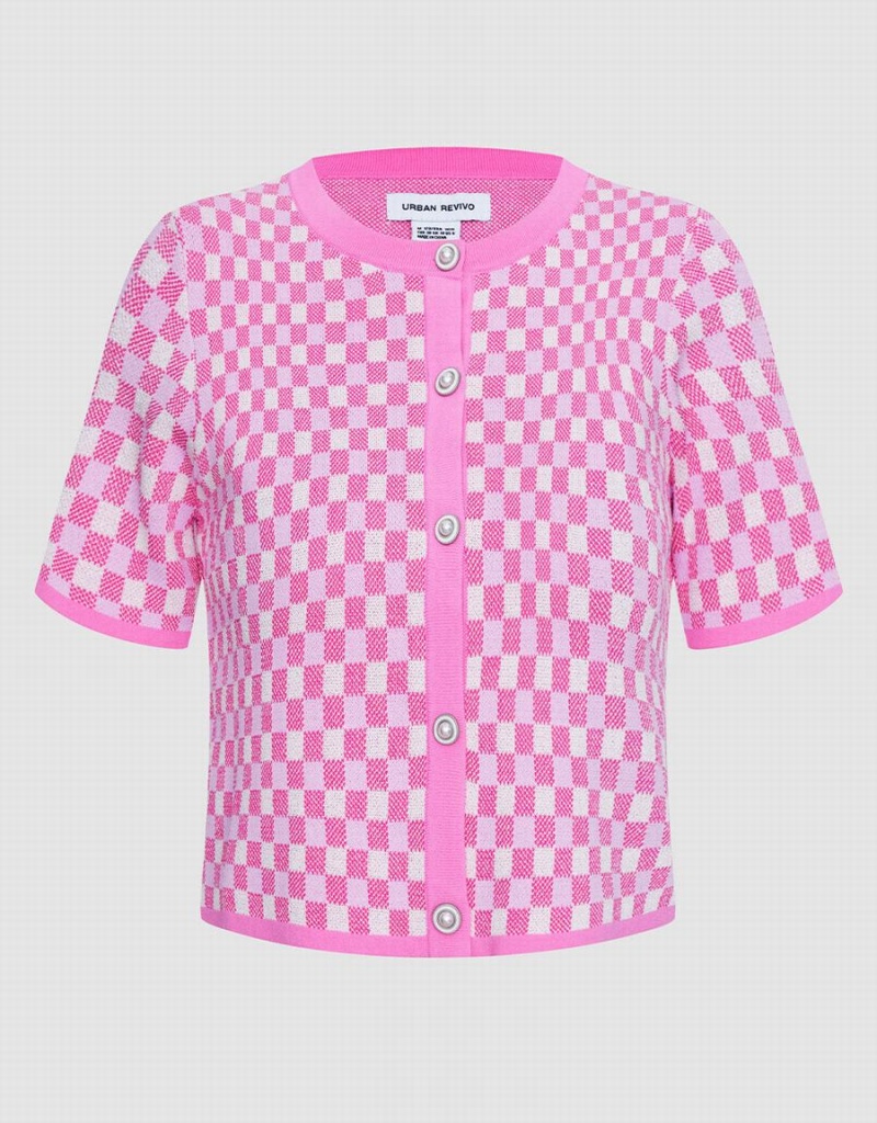 Cárdigan Urban Revivo Checkered Faux Pearl Button De Punto Top Mujer Rojos | SIA2233IC