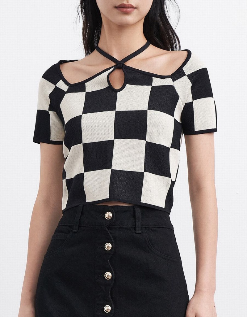 Cárdigan Urban Revivo Checkered Halter De Punto Top Mujer Grises | OYP2217ZH