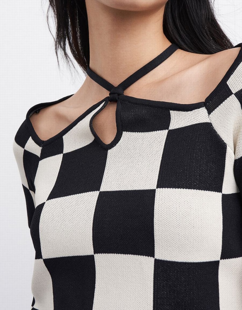 Cárdigan Urban Revivo Checkered Halter De Punto Top Mujer Grises | OYP2217ZH