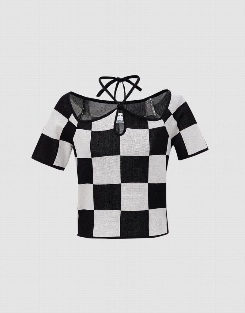 Cárdigan Urban Revivo Checkered Halter De Punto Top Mujer Grises | OYP2217ZH