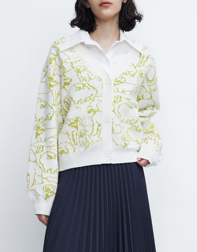 Cárdigan Urban Revivo Dog Pattern Button Up Mujer Blancos | BOO3351SR