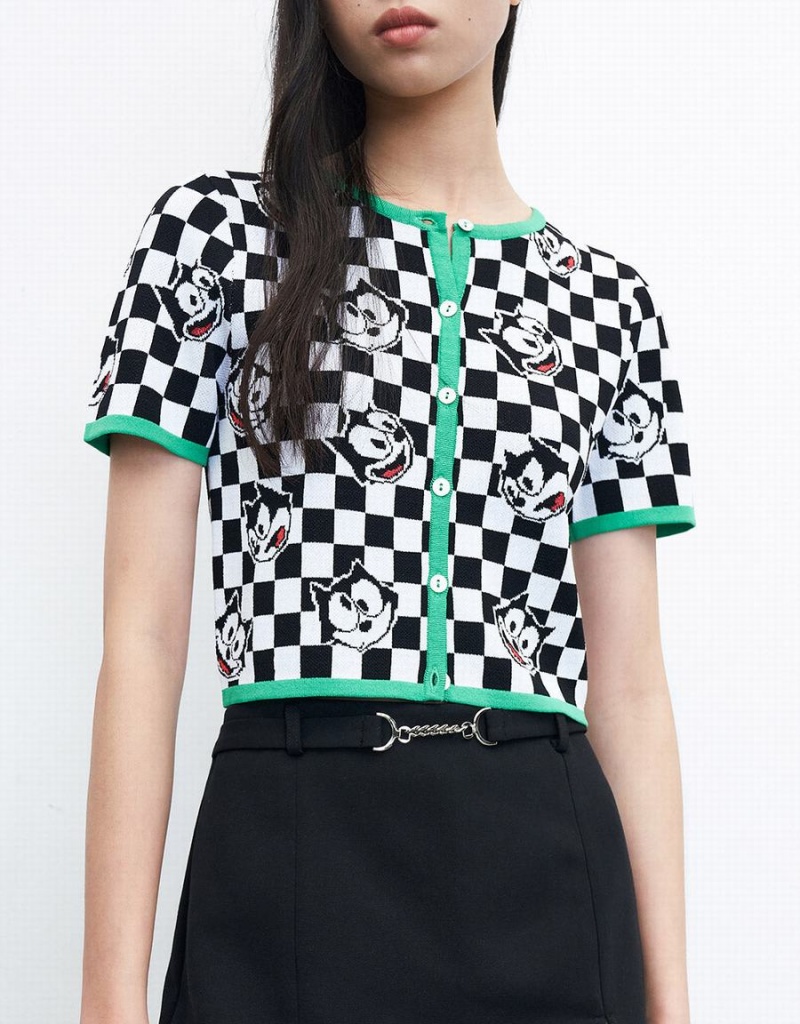 Cárdigan Urban Revivo Felix The Cat Checkered Corta Sleeve Mujer Negros Blancos | EHT1796SY