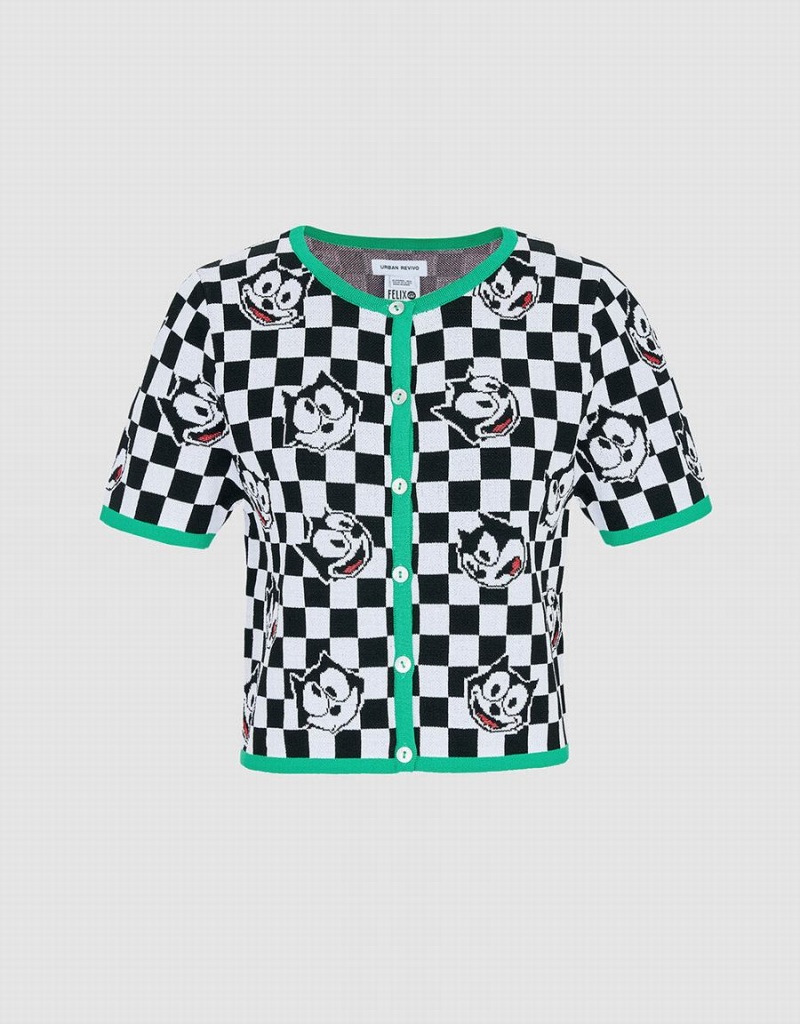 Cárdigan Urban Revivo Felix The Cat Checkered Corta Sleeve Mujer Negros Blancos | EHT1796SY