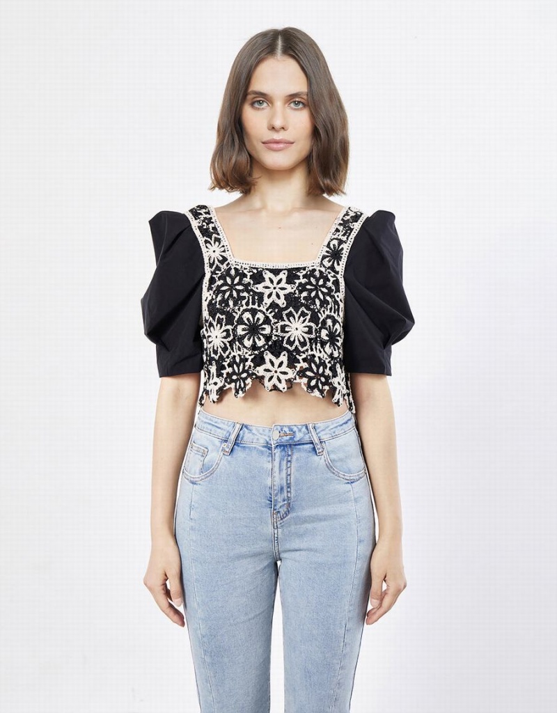 Cárdigan Urban Revivo Floral Crochet Puff Sleeve Top Mujer Grises | DIV7726CX