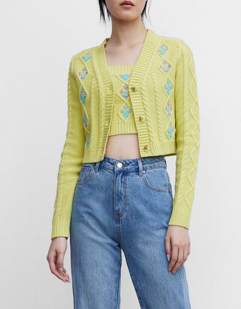 Cárdigan Urban Revivo Floral Embroidery Cable Knit Mujer Verdes | WYE2458LR