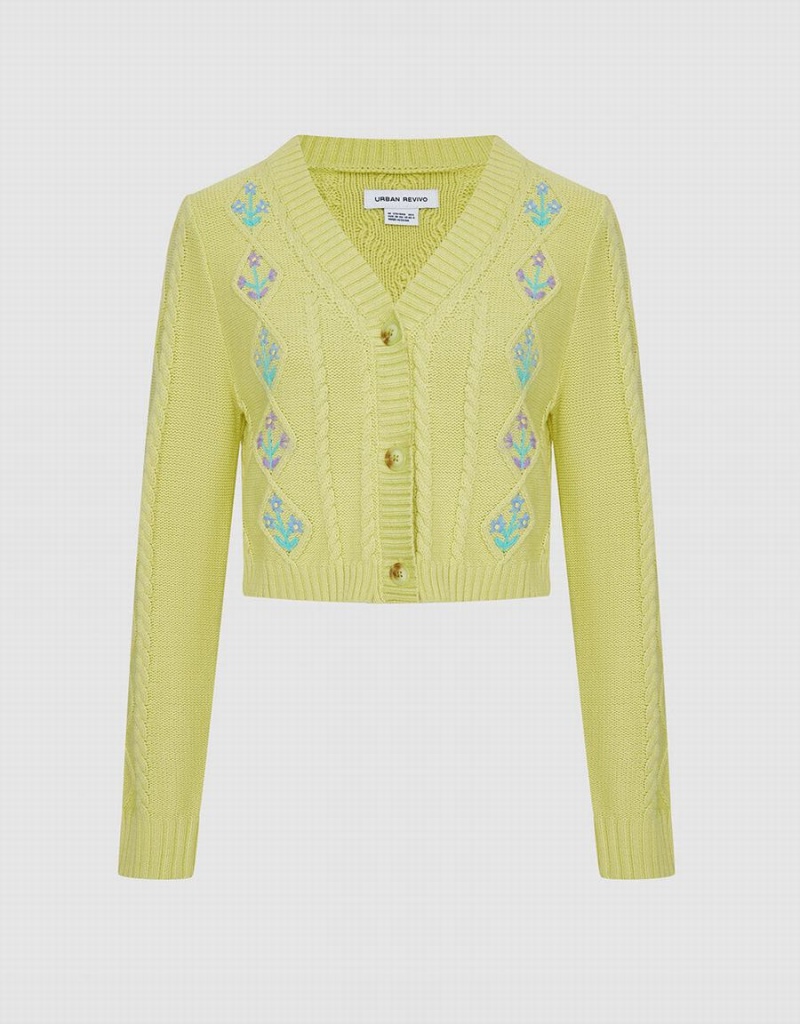 Cárdigan Urban Revivo Floral Embroidery Cable Knit Mujer Verdes | WYE2458LR