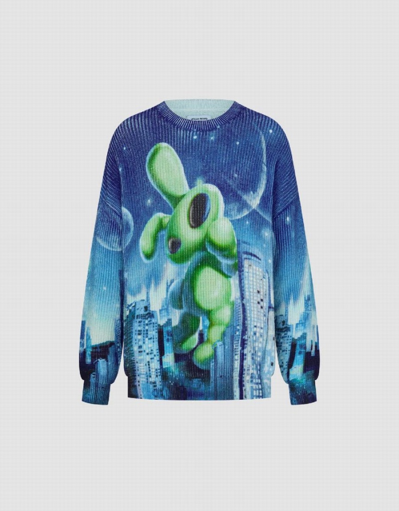 Cárdigan Urban Revivo Interstellar Bunny Printed De Punto Hombre Azules Verdes | RSD7398AM