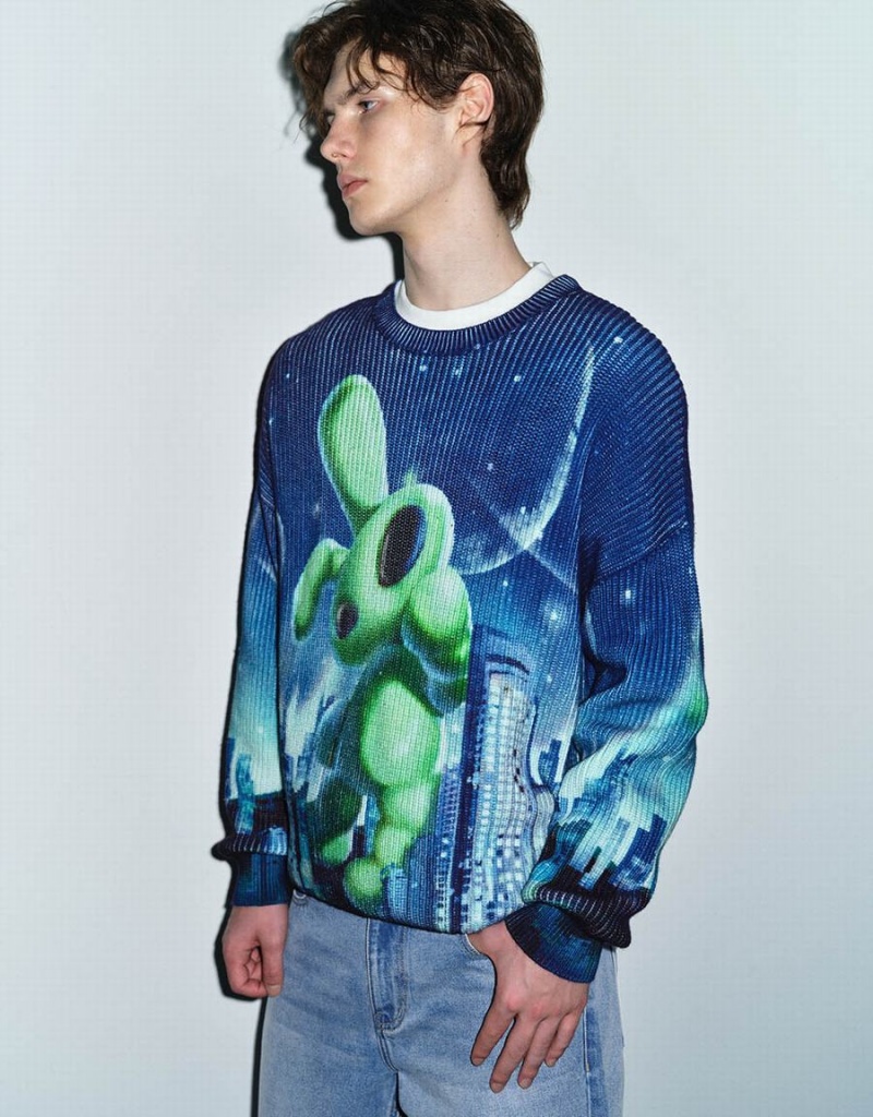 Cárdigan Urban Revivo Interstellar Bunny Printed De Punto Hombre Azules Verdes | RSD7398AM