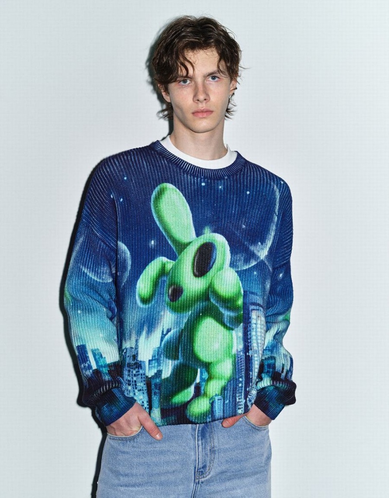 Cárdigan Urban Revivo Interstellar Bunny Printed De Punto Hombre Azules Verdes | RSD7398AM