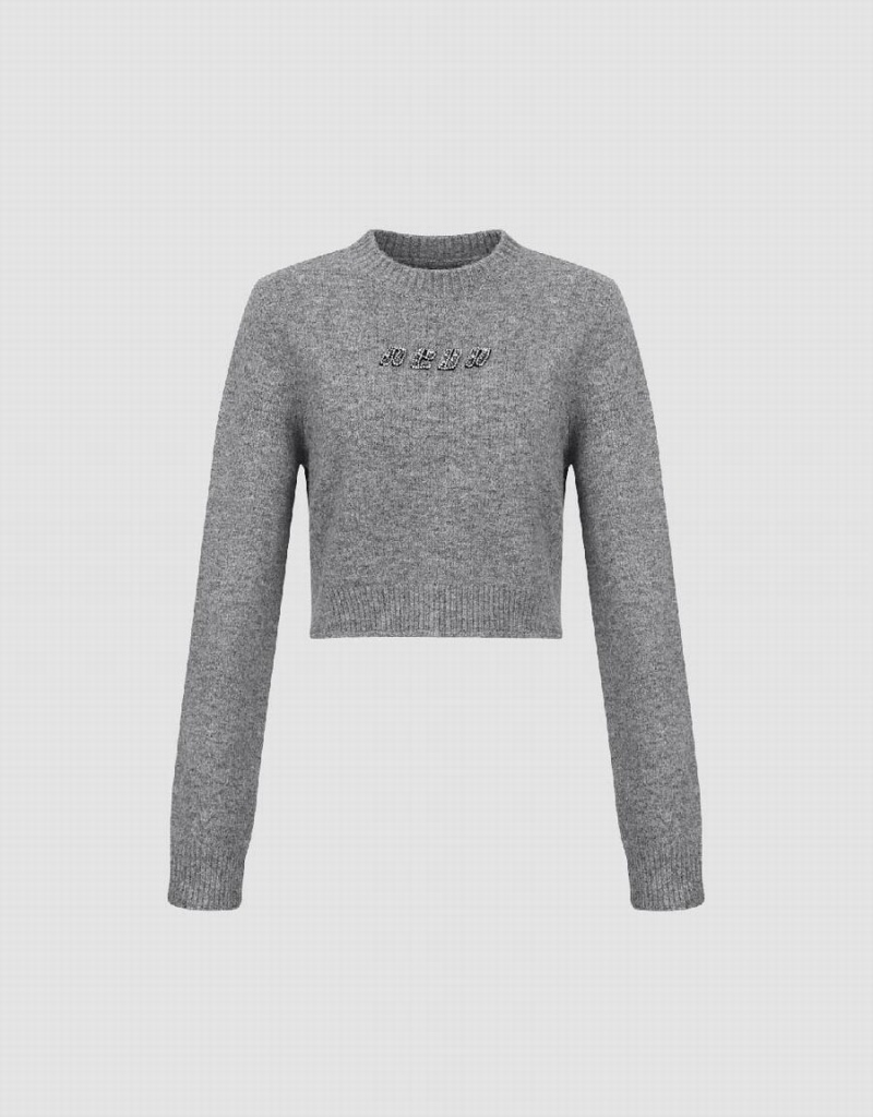 Cárdigan Urban Revivo Letter Embossed Crew Neck De Punto Mujer Grises | AAL9744KA