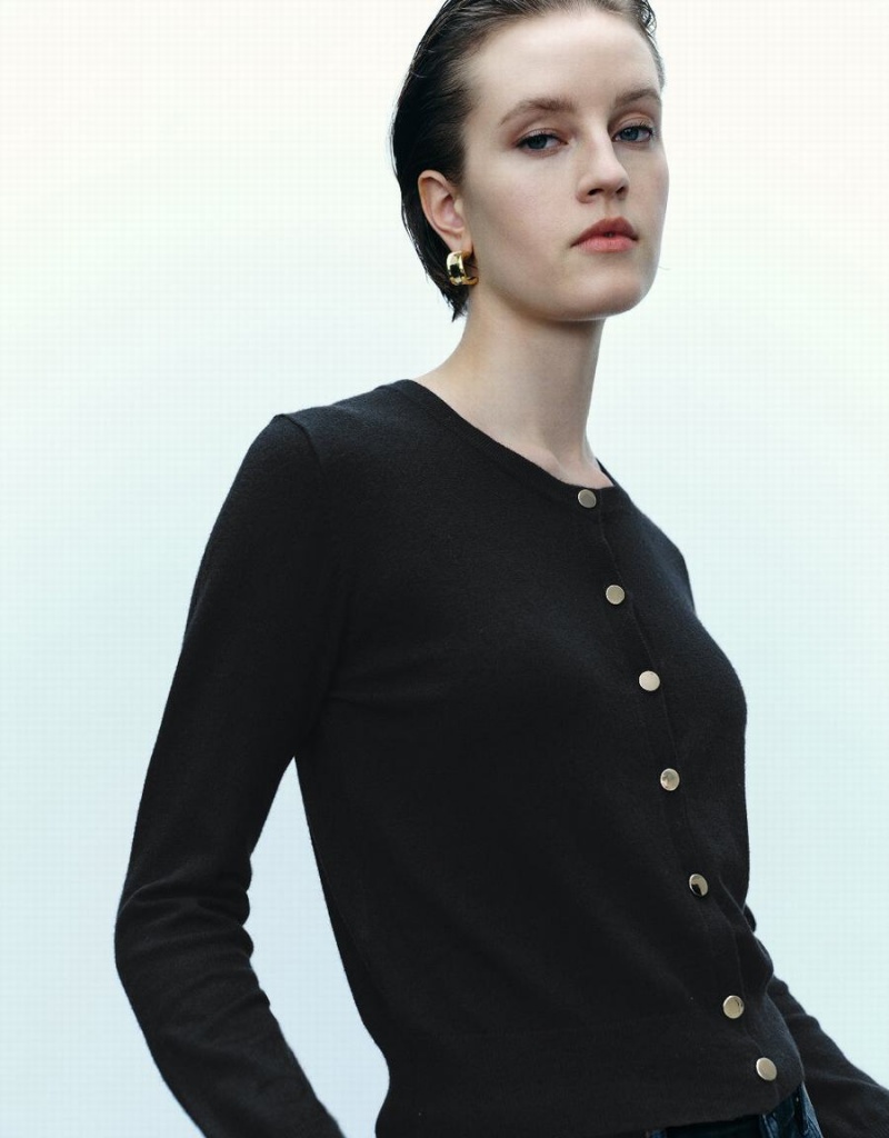 Cárdigan Urban Revivo Pressed Button Crew Neck De Punto Mujer Negros | LZW801UK