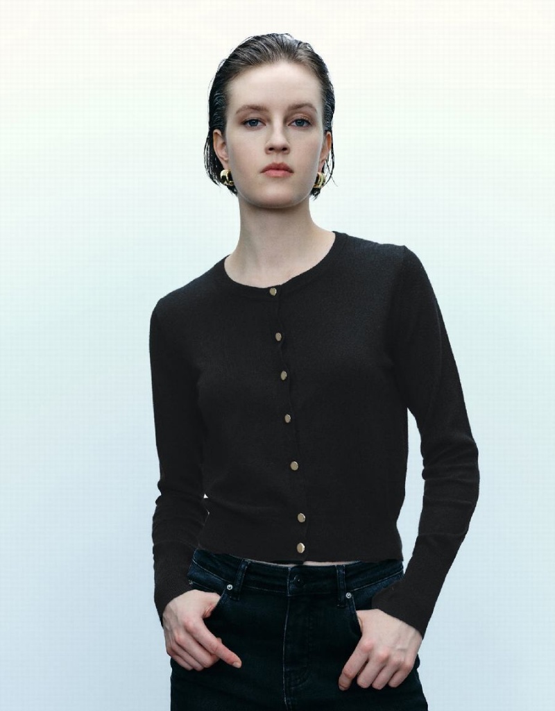 Cárdigan Urban Revivo Pressed Button Crew Neck De Punto Mujer Negros | LZW801UK