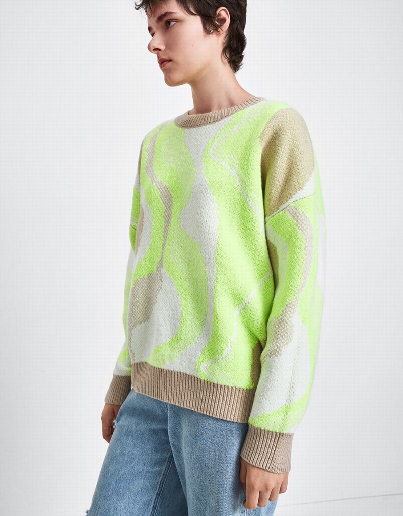 Cárdigan Urban Revivo Printed Crew Neck De Punto Mujer Verdes Blancos | BBU1928XP