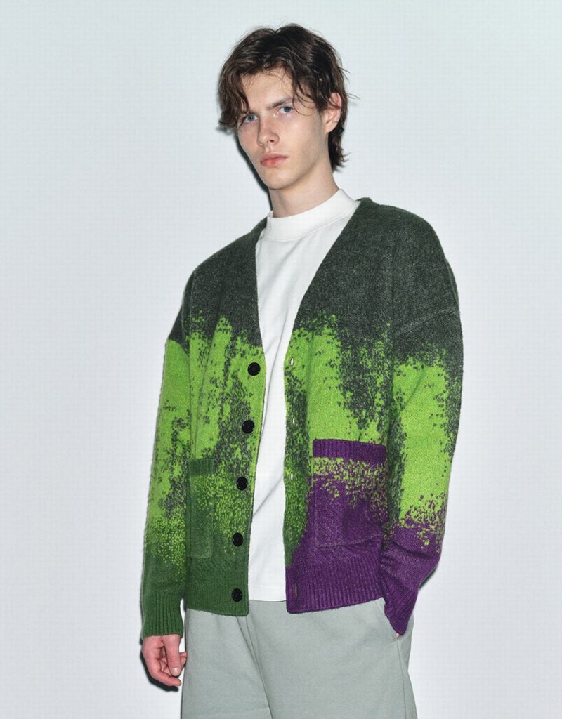 Cárdigan Urban Revivo Printed De Punto Hombre Verdes Morados | LQJ4666EI