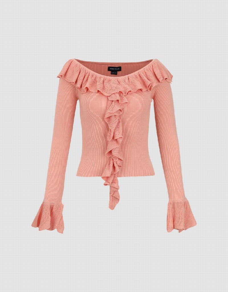 Cárdigan Urban Revivo Raglan Sleeve Ruffle De Punto Mujer Rosas | LKS8148BX