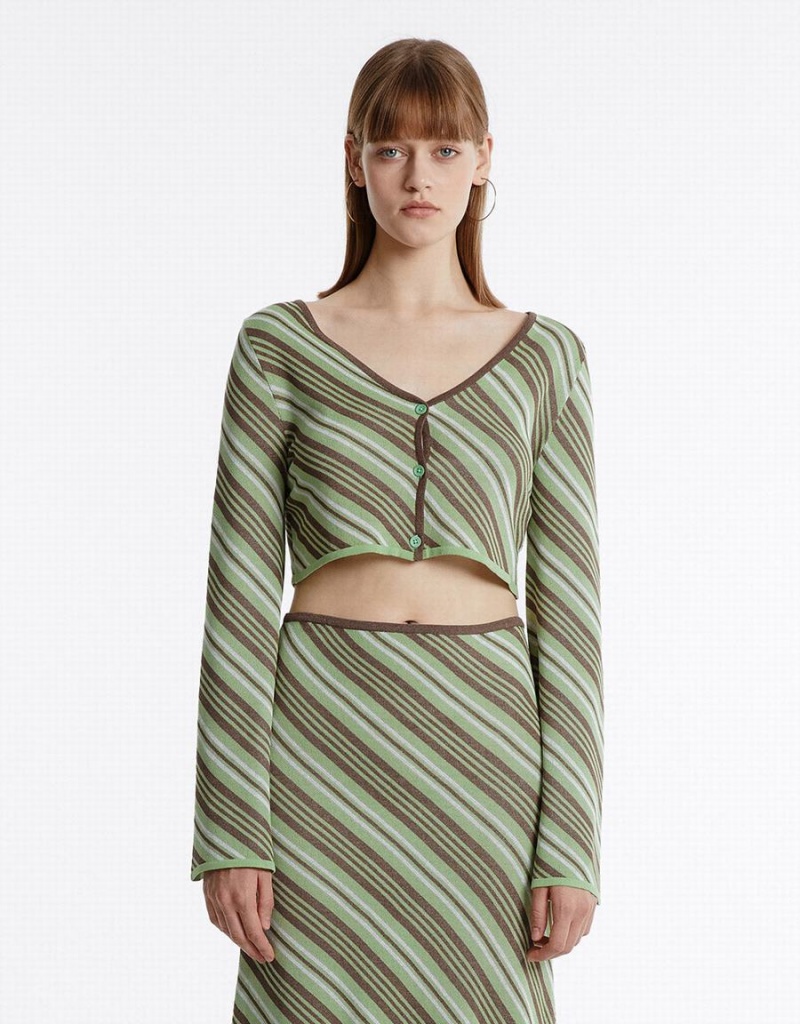 Cárdigan Urban Revivo Stripped Cropped Mujer Verdes Multicolor | LAQ8072EX