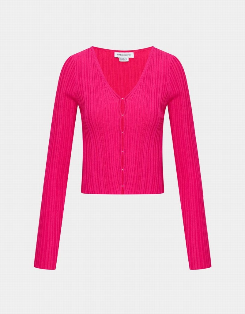 Cárdigan Urban Revivo Textured Rib Knit Mujer Rosas Rojos | FQA5228YF