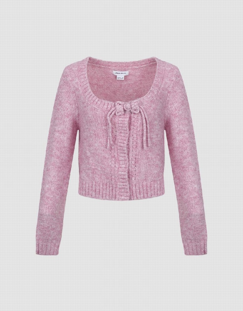 Cárdigan Urban Revivo Tie Front Crew Neck De Punto Mujer Rosas | LDW9786ZY