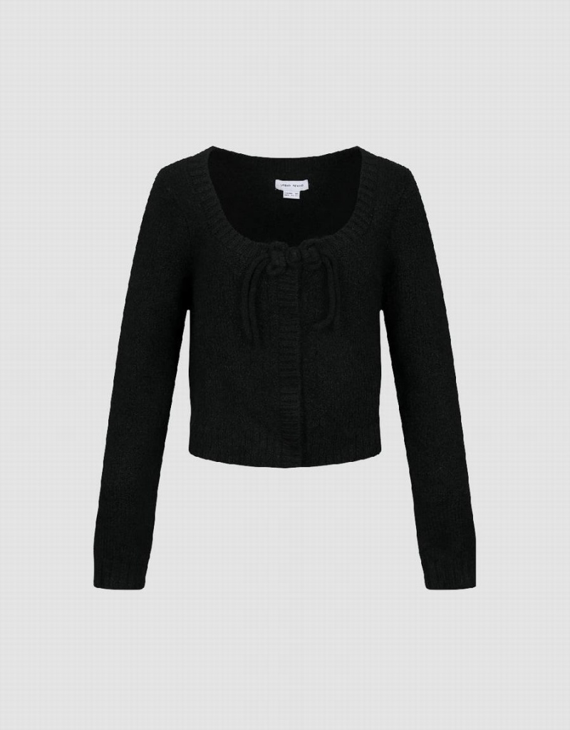 Cárdigan Urban Revivo Tie Front Crew Neck De Punto Mujer Negros | XGB395OS