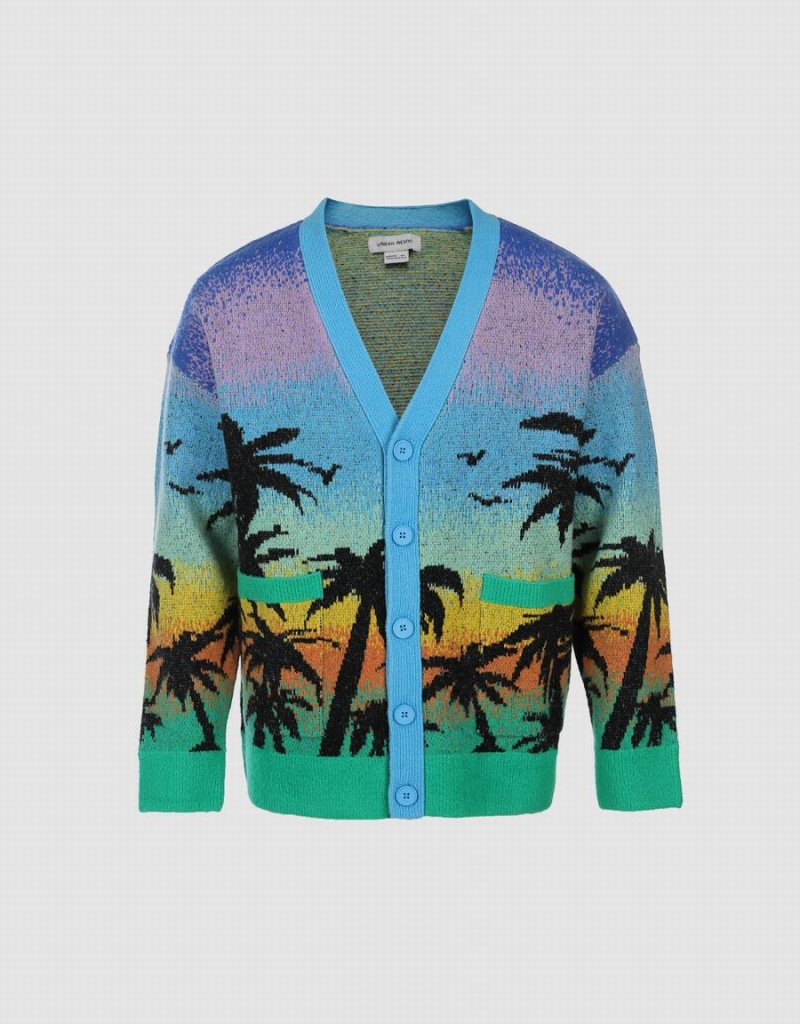 Cárdigan Urban Revivo Tropical Pattern De Punto Hombre Azules Multicolor | UMD7591FN