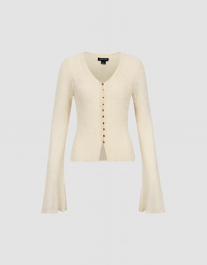 Cárdigan Urban Revivo V-Neck Flaco De Punto Mujer Beige | YQQ3815MU