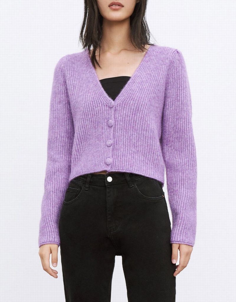 Cárdigan Urban Revivo V Neck Rib Knit Mujer Morados | LLJ888EI