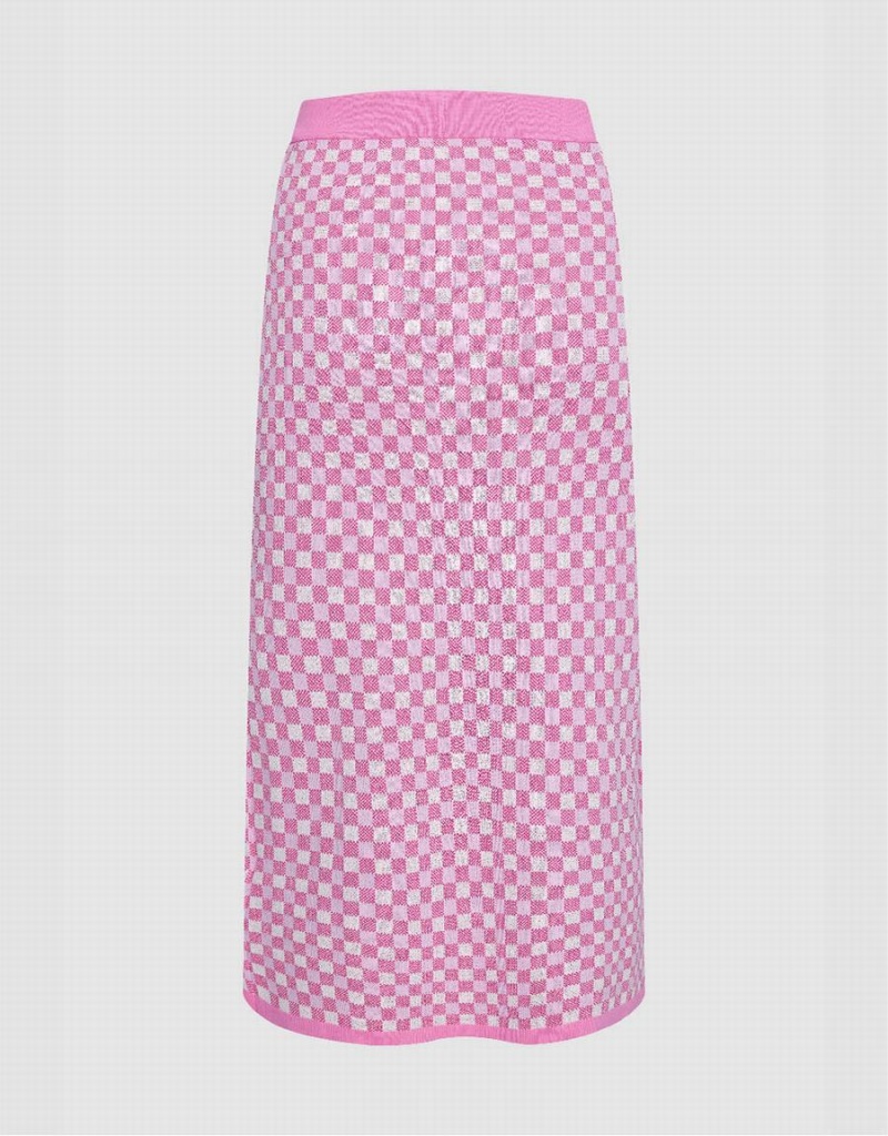 Falda Urban Revivo Checkered Midi Directo De Punto Mujer Rosas | ZGT5762VM