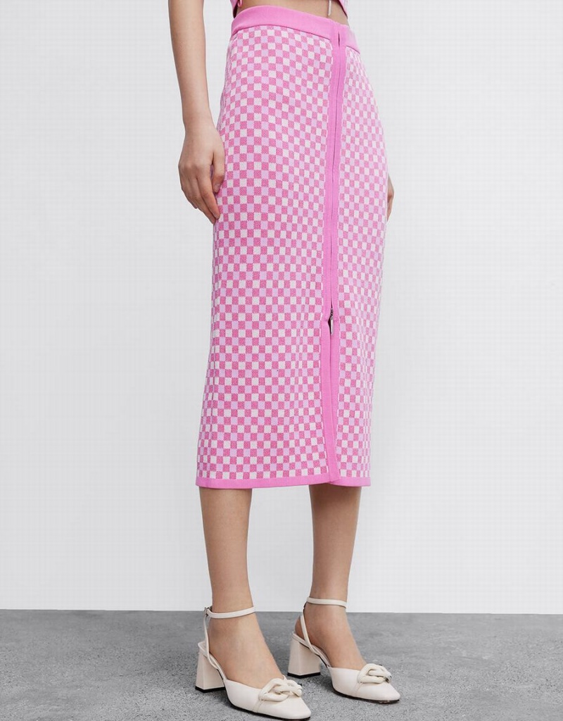 Falda Urban Revivo Checkered Midi Directo De Punto Mujer Rosas | ZGT5762VM