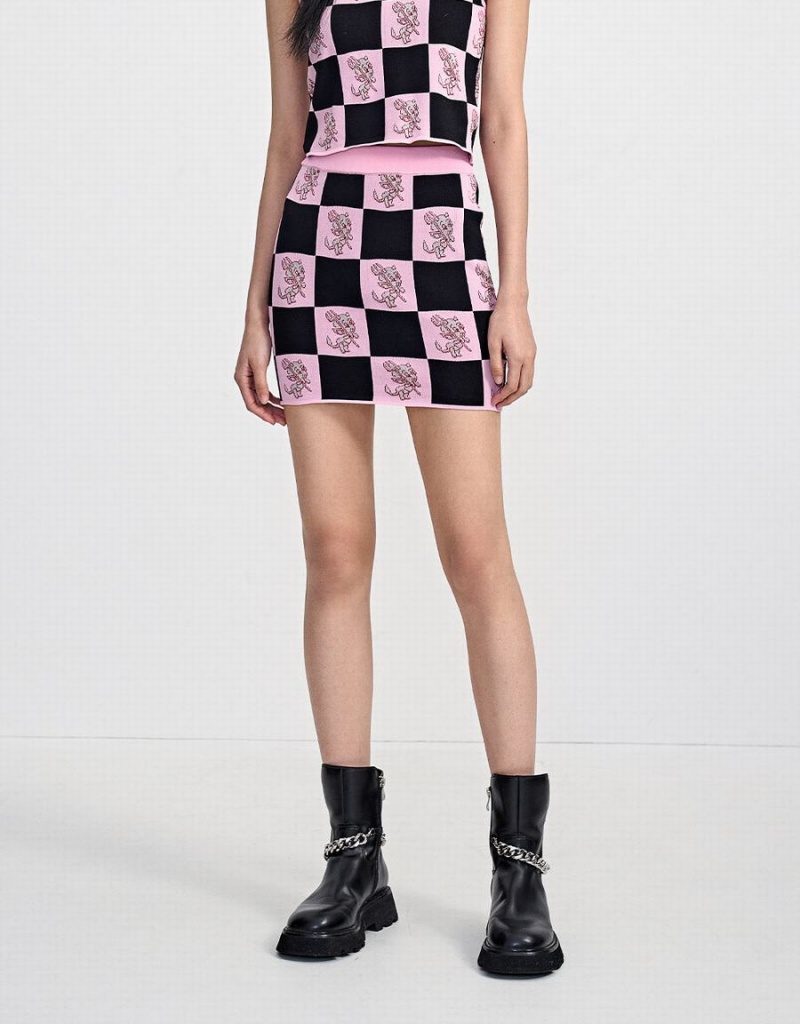 Falda Urban Revivo Hot Stuff Checkered De Punto Mujer Rosas | FYG206HB