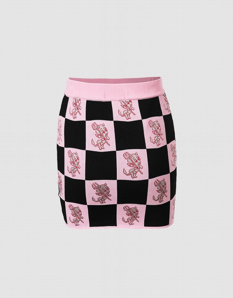 Falda Urban Revivo Hot Stuff Checkered De Punto Mujer Rosas | FYG206HB