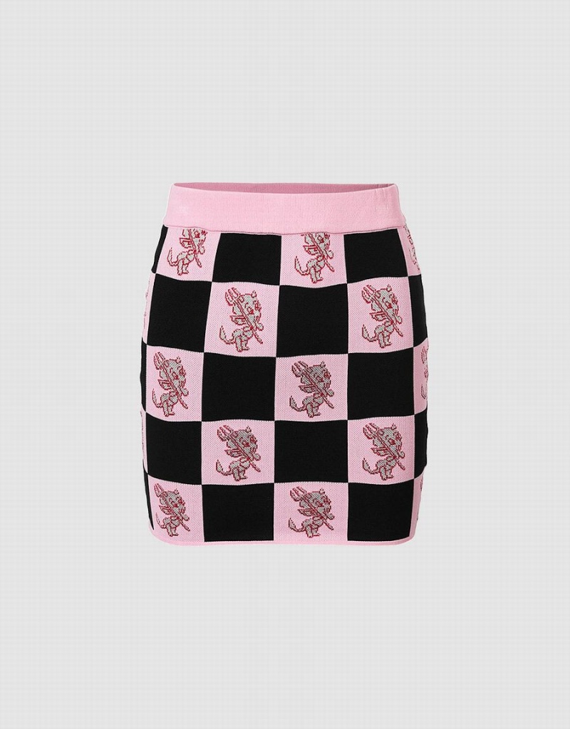 Falda Urban Revivo Hot Stuff Checkered De Punto Mujer Rosas | FYG206HB