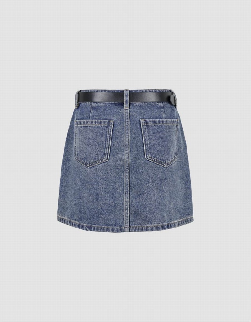 Falda Urban Revivo Mini A-Line Denim With Belt Mujer Azules | SQM9583OP