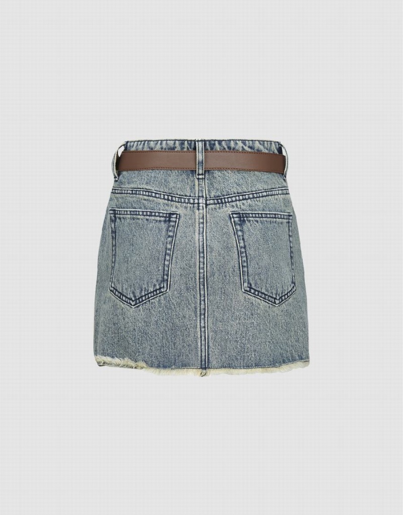 Falda Urban Revivo Raw Hem Mini Denim Mujer Azules | UIL6218WU