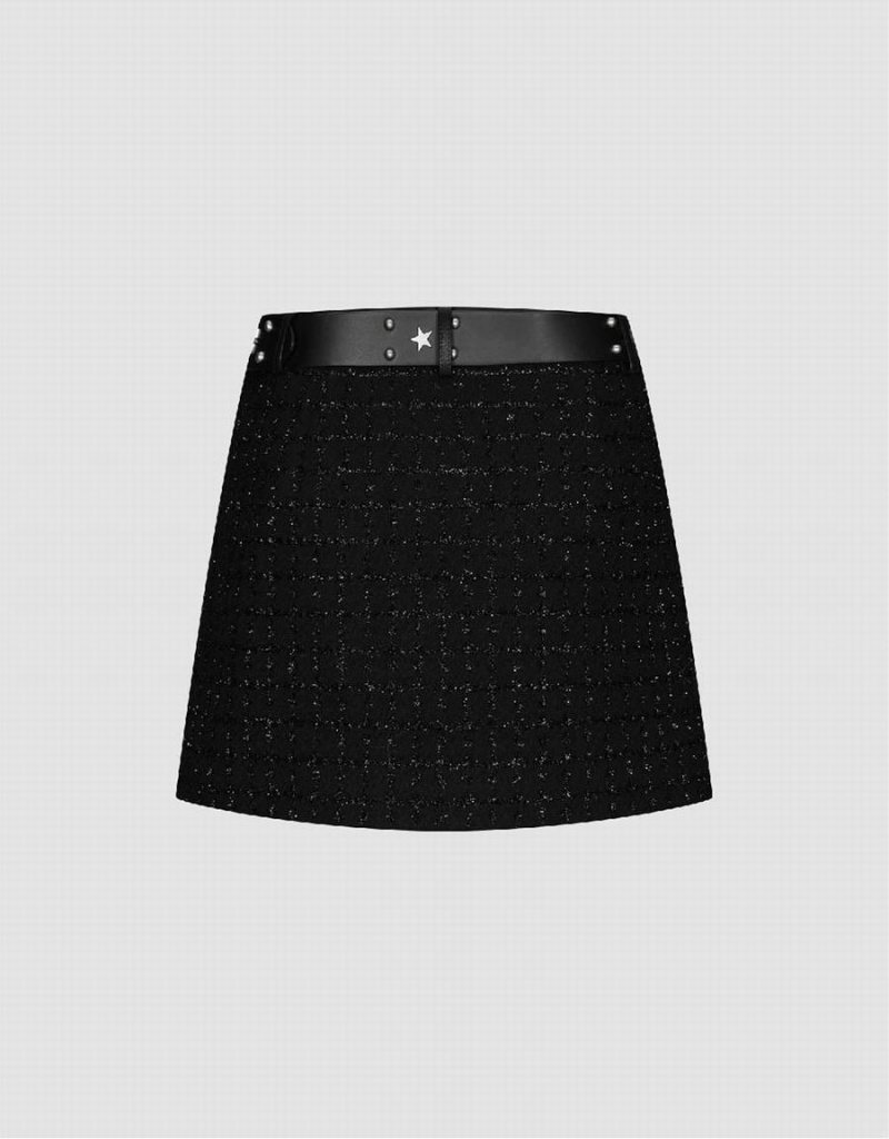 Falda Urban Revivo Tweed Mini A-Line Mujer Negros | IQB266JM