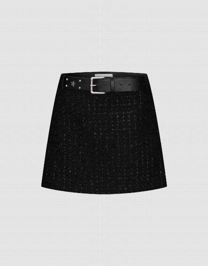 Falda Urban Revivo Tweed Mini A-Line Mujer Negros | IQB266JM