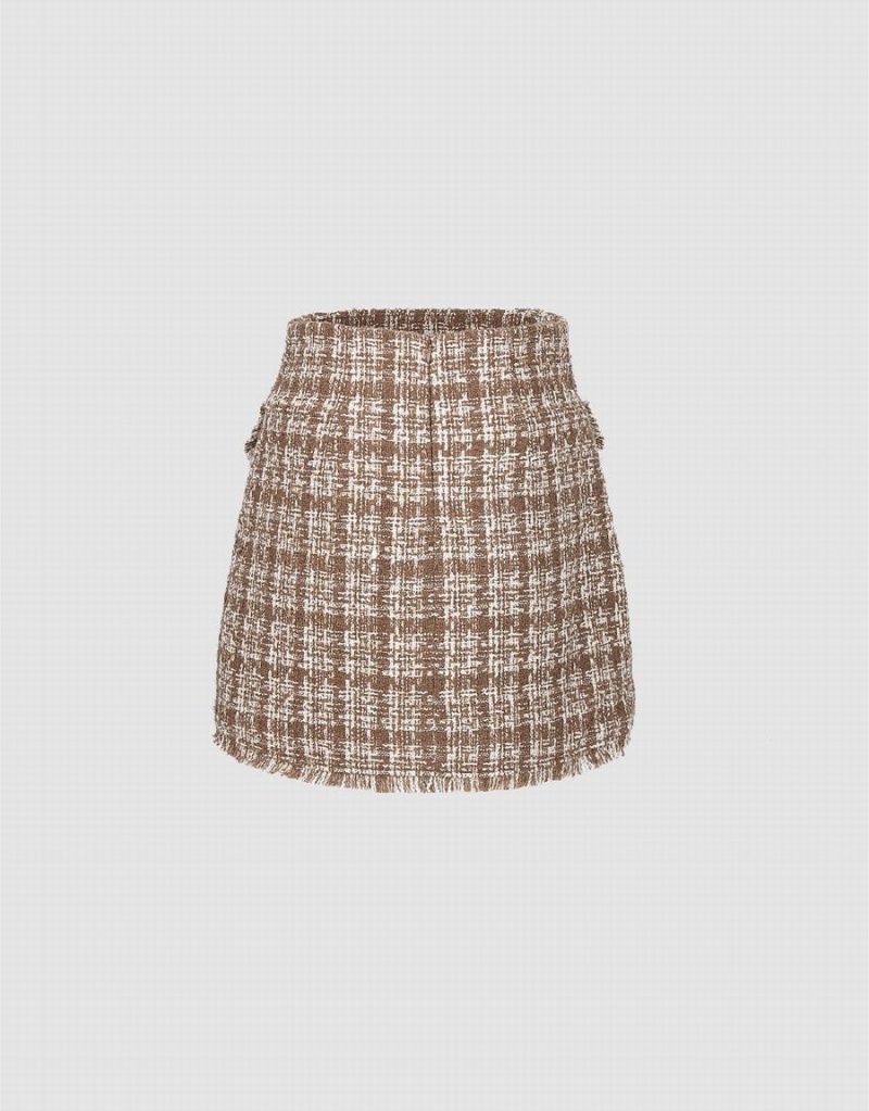 Falda Urban Revivo Tweed Mini A-Line Mujer Kaki | CLL2574OG