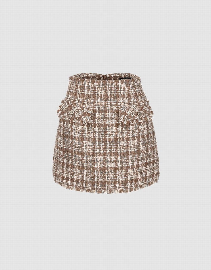 Falda Urban Revivo Tweed Mini A-Line Mujer Kaki | CLL2574OG