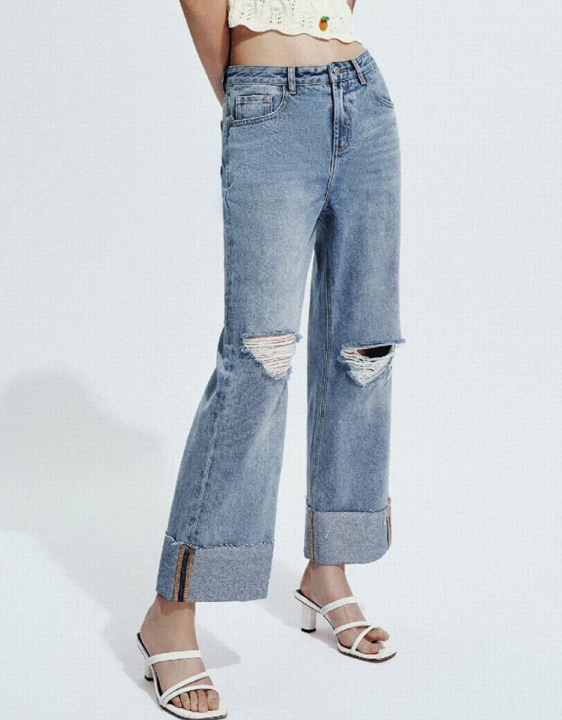 Jeans Urban Revivo Ripped Directo Mujer Azules | UZZ8723LN