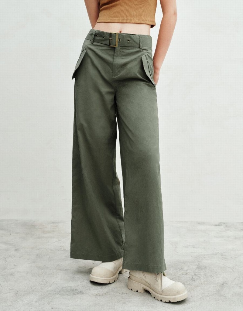 Pantalon Urban Revivo Anchos-Leg With Belt Mujer Verdes | XEJ9782KR