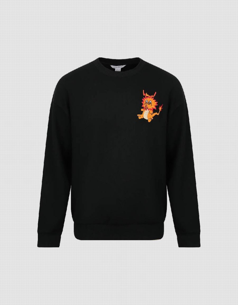 Sudaderas Urban Revivo Dragon Embossed Crew Neck Hombre Negros | XSW22100HP