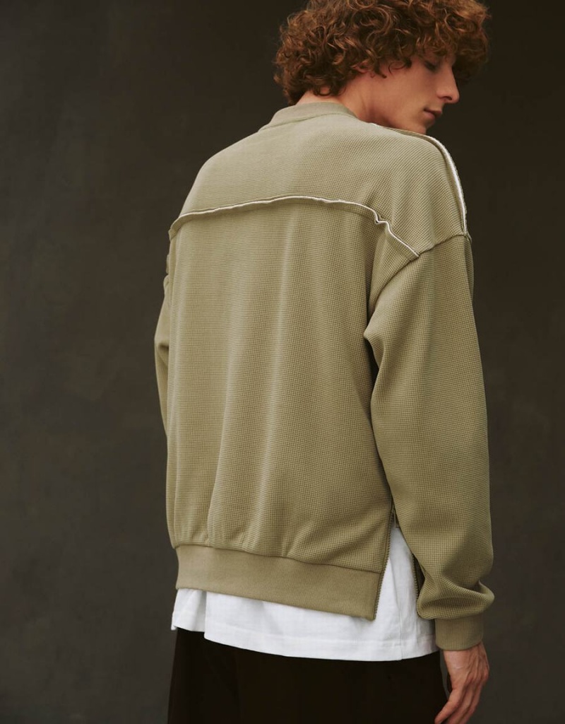 Sudaderas Urban Revivo Drop Shoulder Sleeve Crew Neck Hombre Kaki | WTS4758ZO