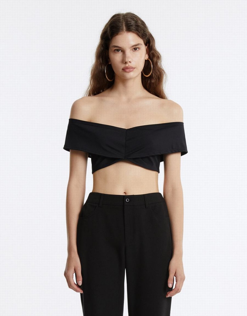 Sujetador Bandeau Urban Revivo Off-Shoulder Cropped Top Mujer Negros | FHL1353UK