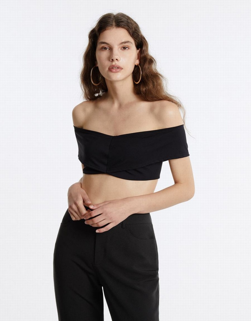 Sujetador Bandeau Urban Revivo Off-Shoulder Cropped Top Mujer Negros | FHL1353UK